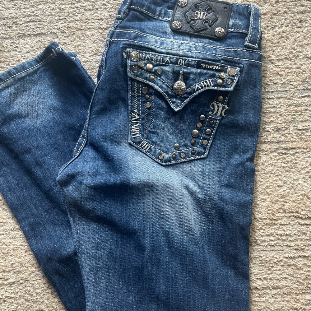 Miss Me Dark Blue Boot Cut Jeans with Silver Accents